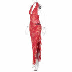 Tropical Heat Red Floral Cutout Halter Maxi Dress