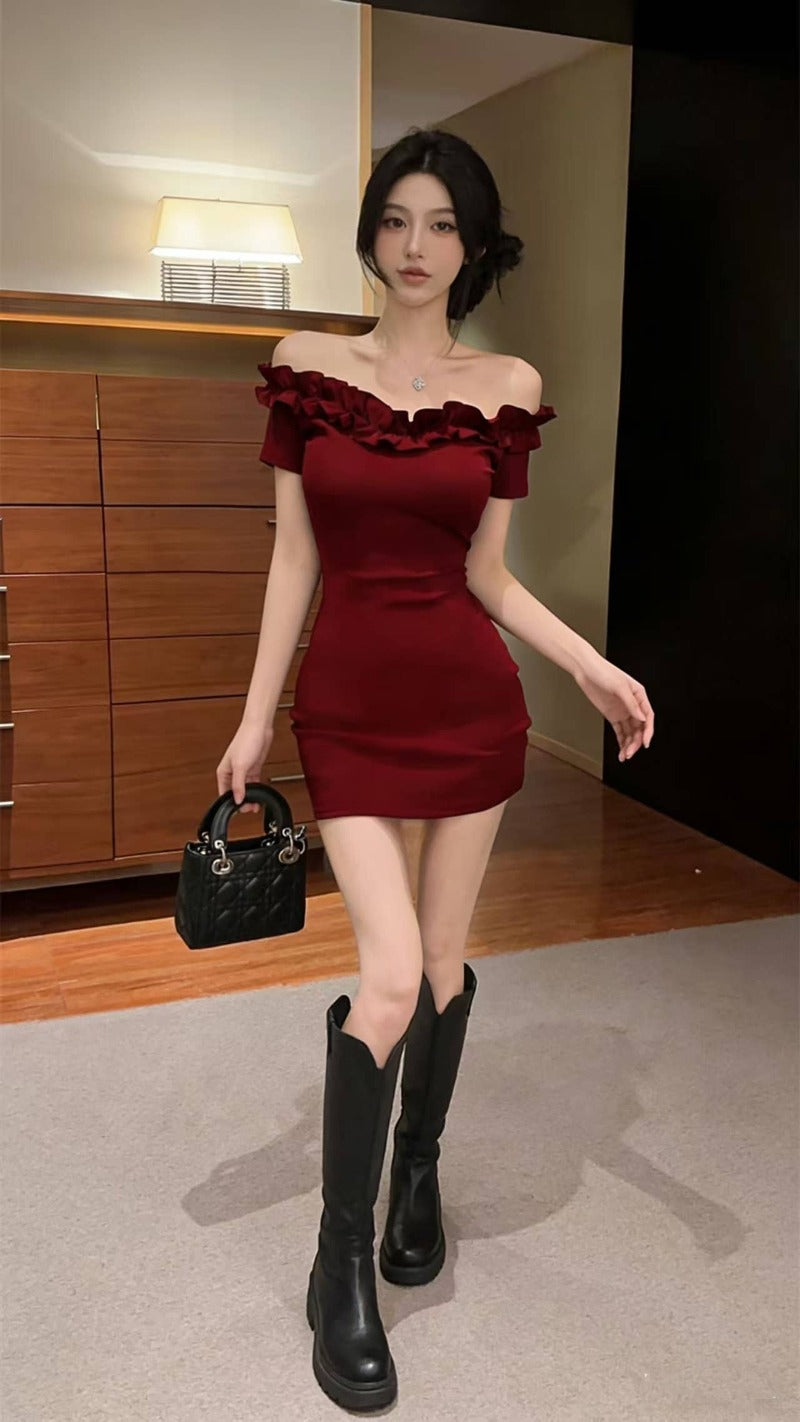 Burgundy/Black Off Shoulder Ruffle Bodycon Mini Dress