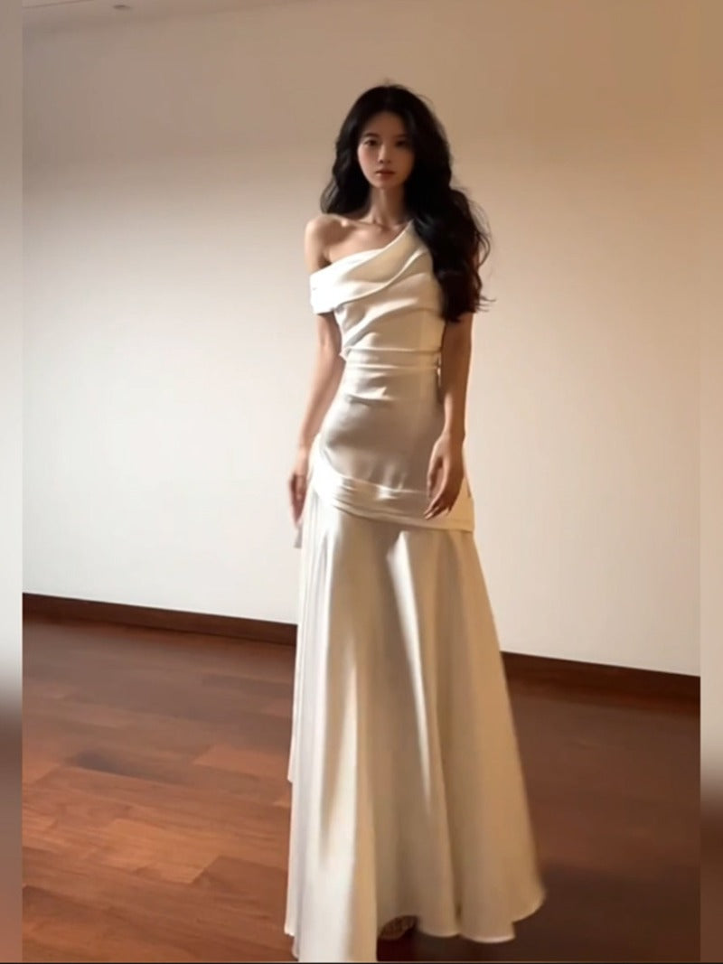 Champagne Asymmetric Draped Mermaid Maxi Dress