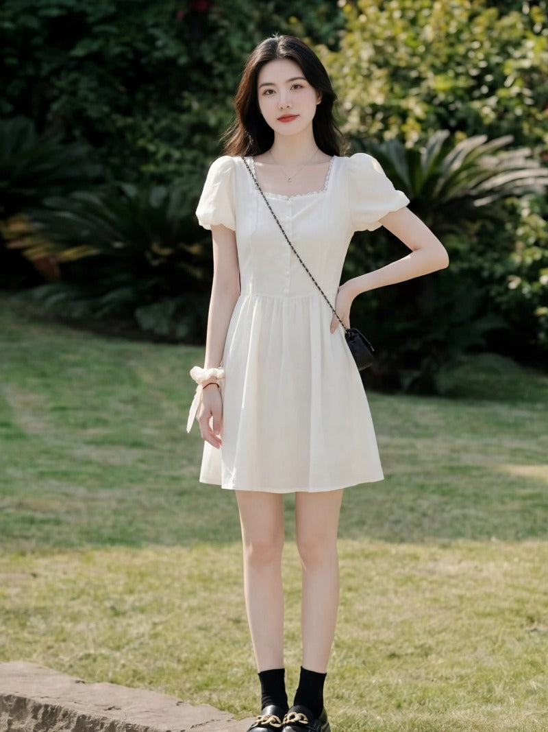 White Square Neck Puff Sleeve A-Line Mini Dress