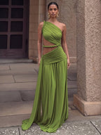 Sultry Ruched One Shoulder Cutout Maxi Dress