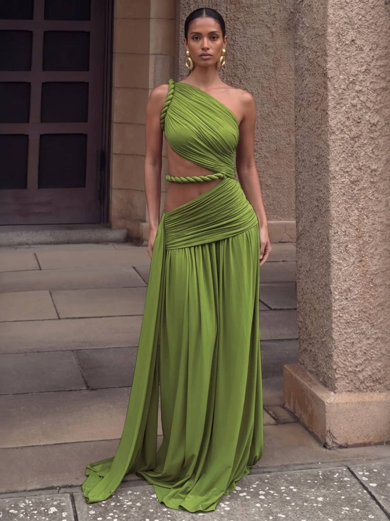 Sultry Ruched One Shoulder Cutout Maxi Dress