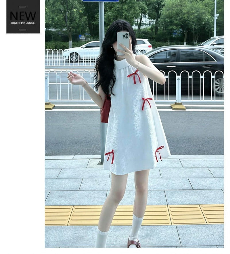 White Bow Halter A-Line Mini Dress