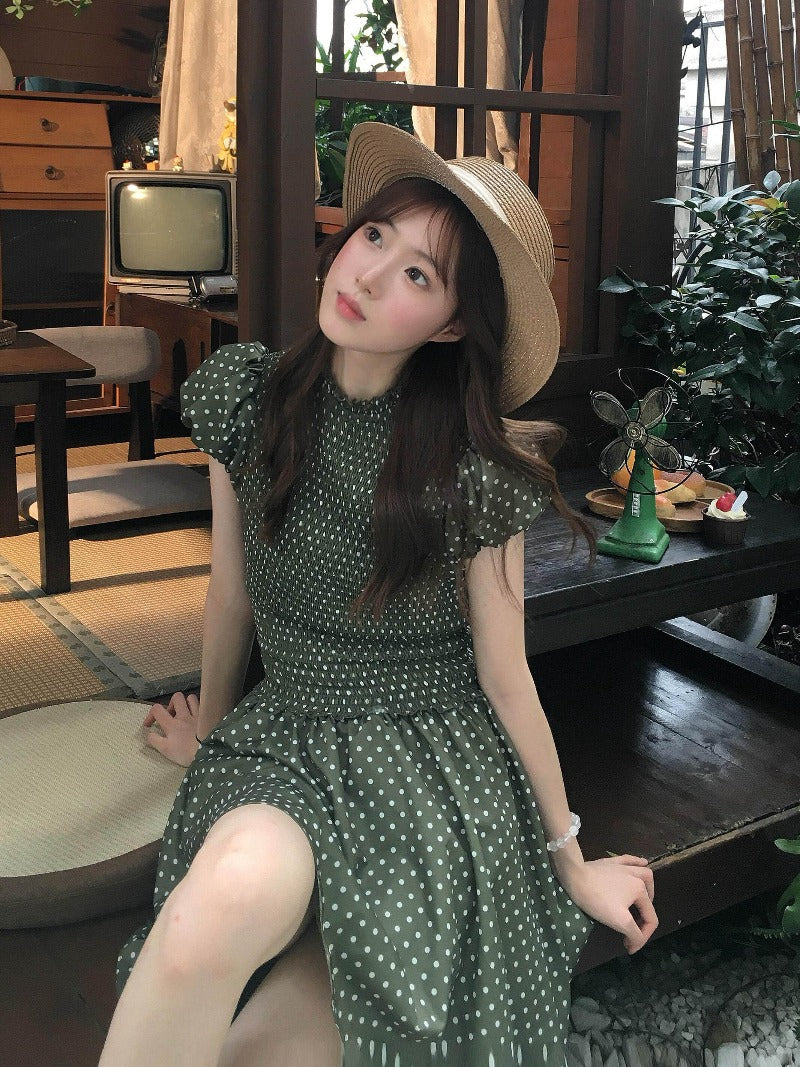 Green Polka Dot Puff Sleeve Smocked A-Line Mini Dress Secondary image
