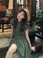 Green Polka Dot Puff Sleeve Smocked A-Line Mini Dress