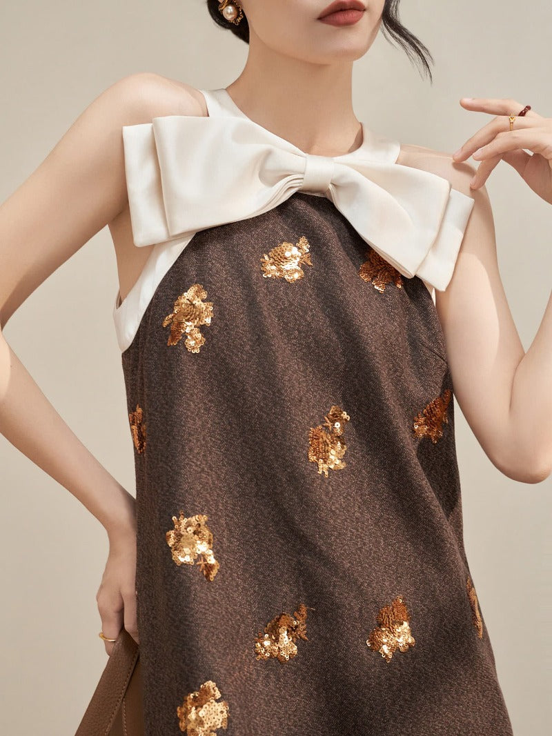 Brown Bow Neck Sequin Embellished Shift Mini Dress
