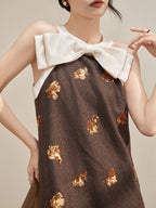Brown Bow Neck Sequin Embellished Shift Mini Dress