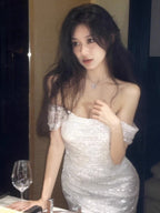 White Sequin Off Shoulder Ruched Bodycon Midi Dress
