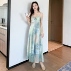 French Style Printed Tie Front Cami A-Line Maxi Dress