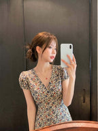 Ivory Floral V Neck Puff Sleeve Cotton Dress