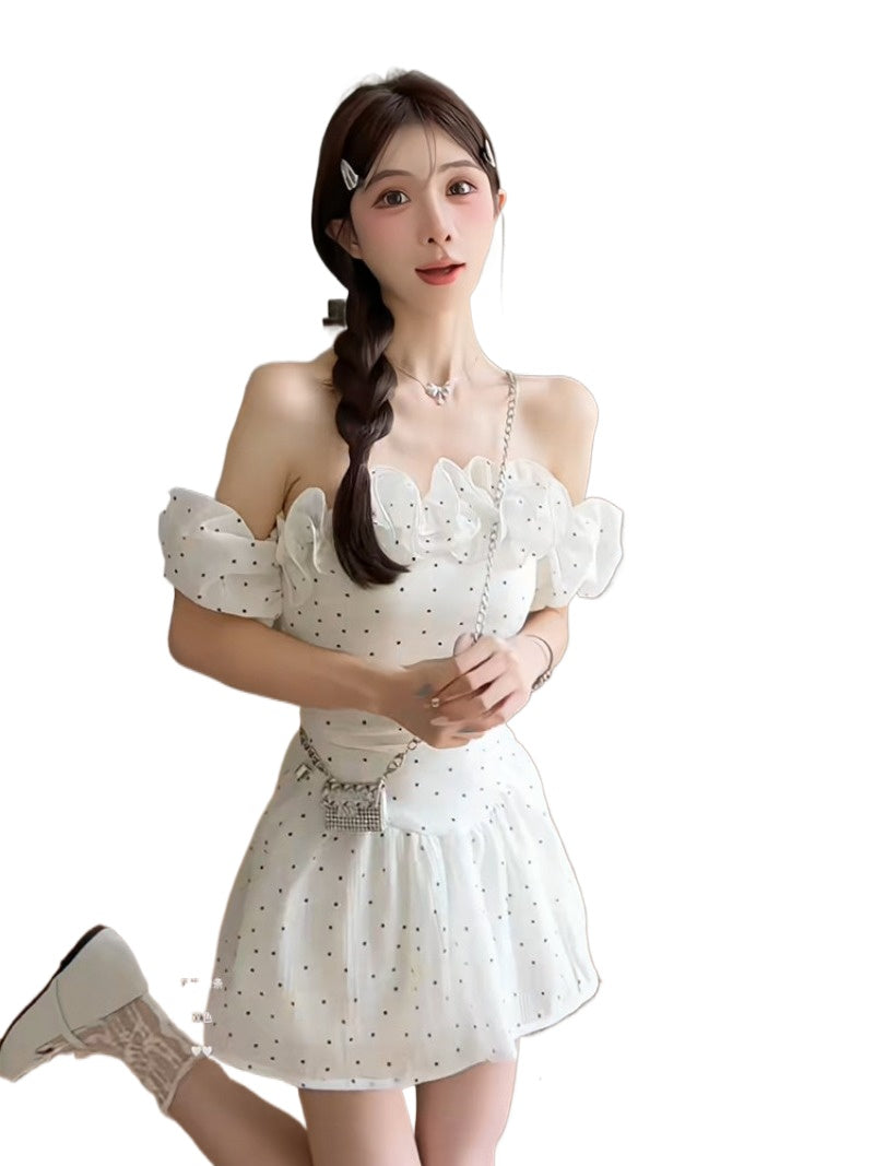 White Polka Dot Off Shoulder Ruffle A-Line Mini Dress