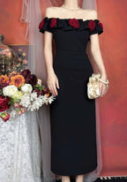 Off Shoulder Rose Appliqué Slit Maxi Dress