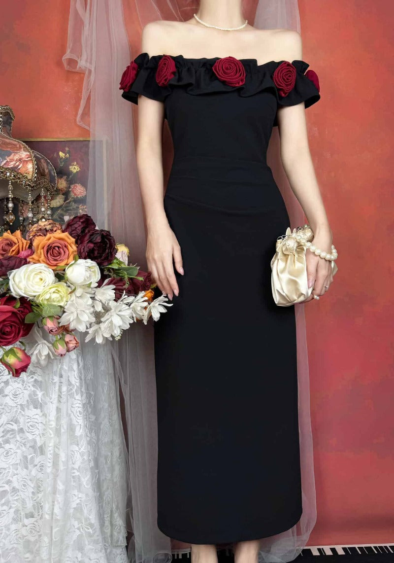 Off Shoulder Rose Appliqué Slit Maxi Dress