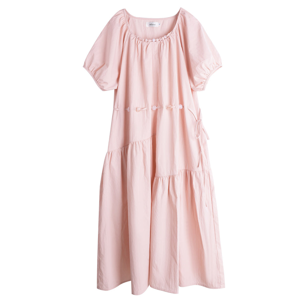 Gathered Round Neck Puff Sleeve Tie Waist Tiered Maxi Dress