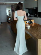 Cream One Shoulder Ruched Mermaid Maxi Dress