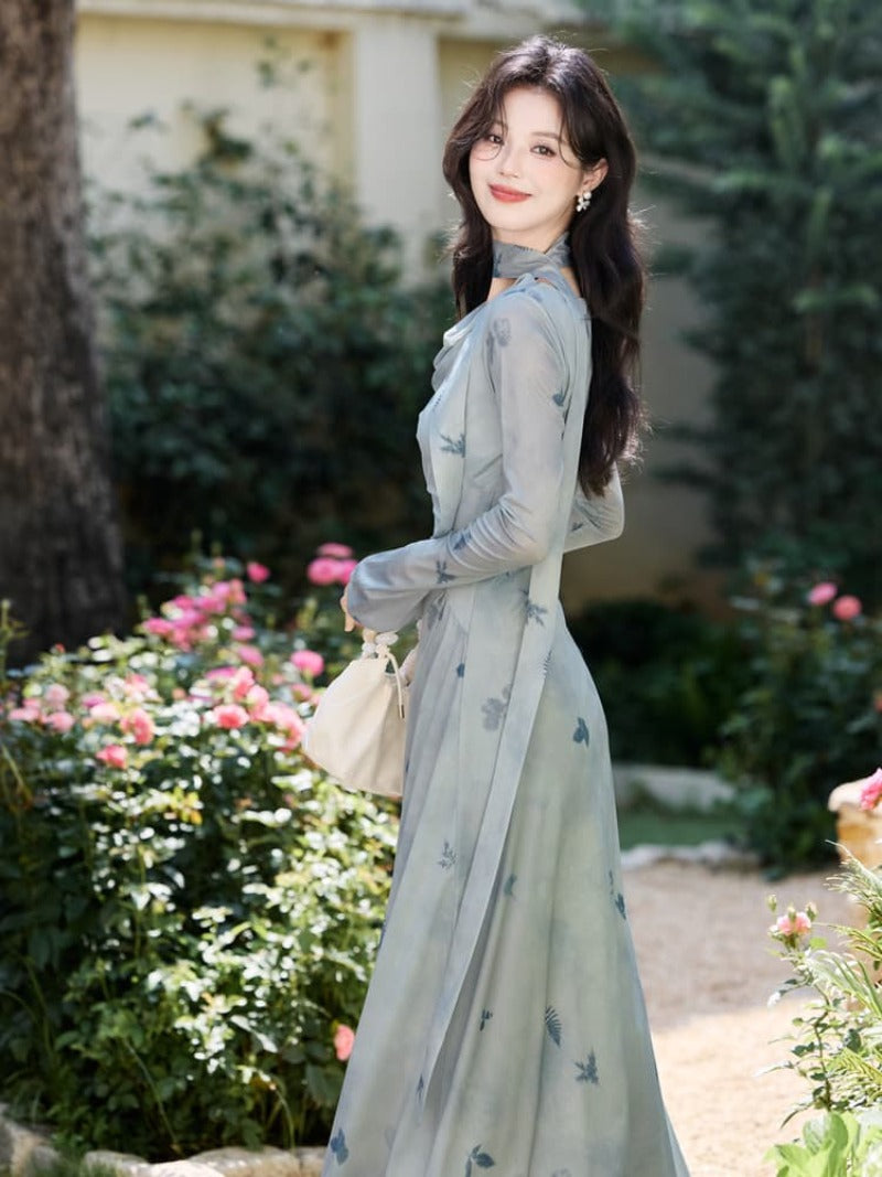 Light Blue Scarf Cowl Neck Bell Sleeve A-Line Maxi Dress