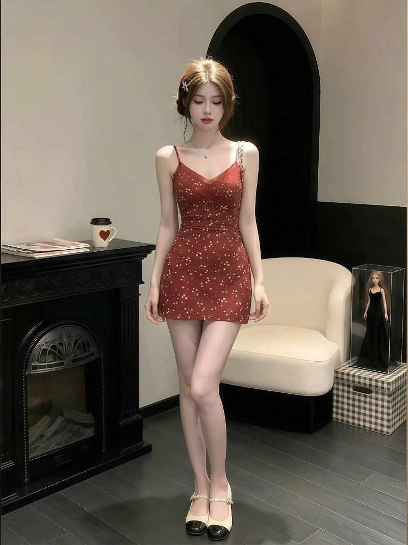 Red Floral Print Lace Trim V Neck Cami Mini Dress