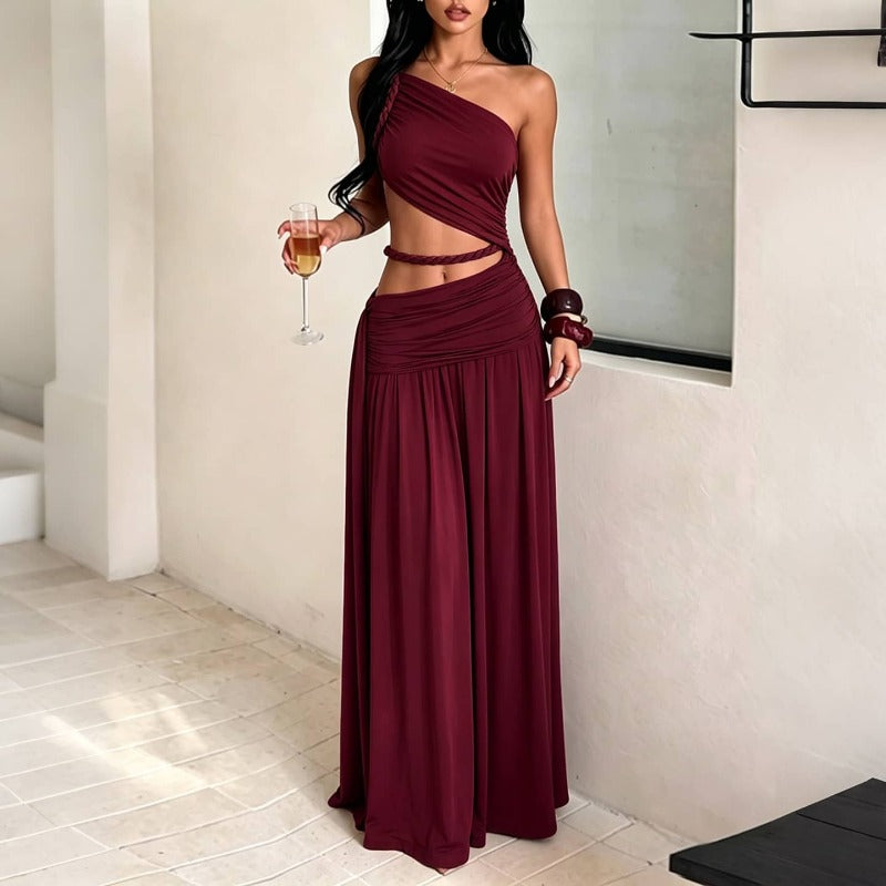 Sultry Ruched One Shoulder Cutout Maxi Dress