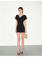 Ruched Cowl Neck Bodycon Mini Dress with Short Sleeves