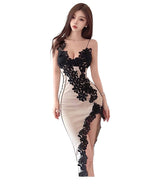 Sultry Lace Applique Cutout High-Slit Maxi Dress
