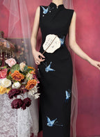 Black Mandarin Collar Butterfly Embroidered Side Slit Midi Dress