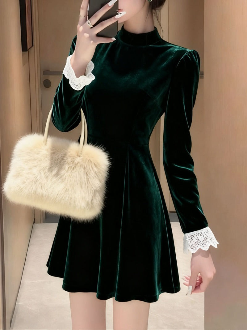Green Velvet Lace Mock Neck A-Line Mini Dress