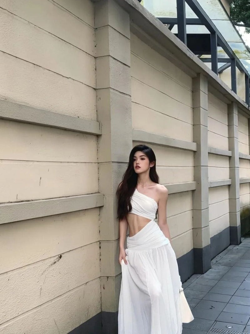 Coastal Muse White Cutout One Shoulder Maxi Dress