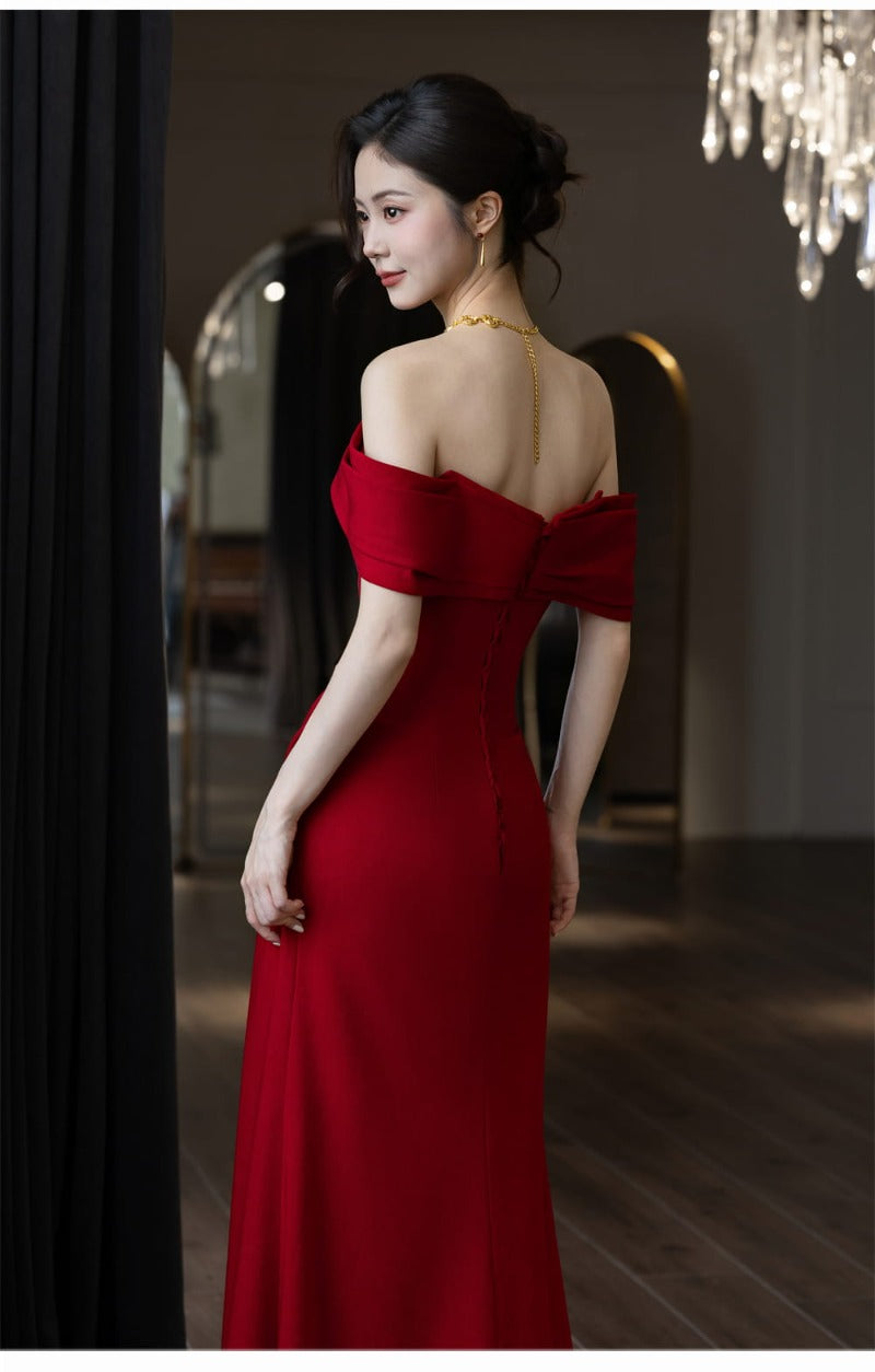 Wine Red Off Shoulder Draped A-Line Maxi Dress