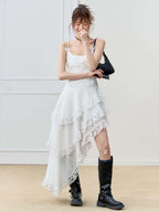 White Lace Trim Asymmetric Tiered Dress And Skirt