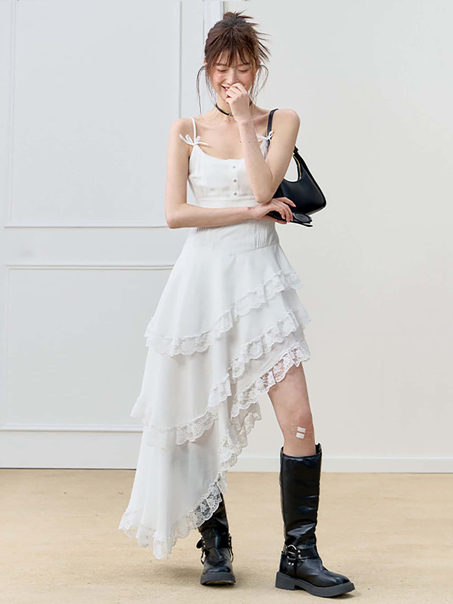 White Lace Trim Asymmetric Tiered Dress And Skirt