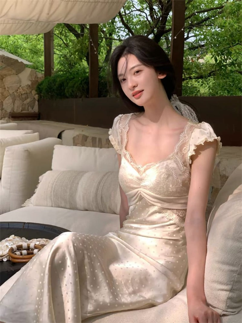 Champagne Lace-Trim V-Neck Fitted Maxi Dress