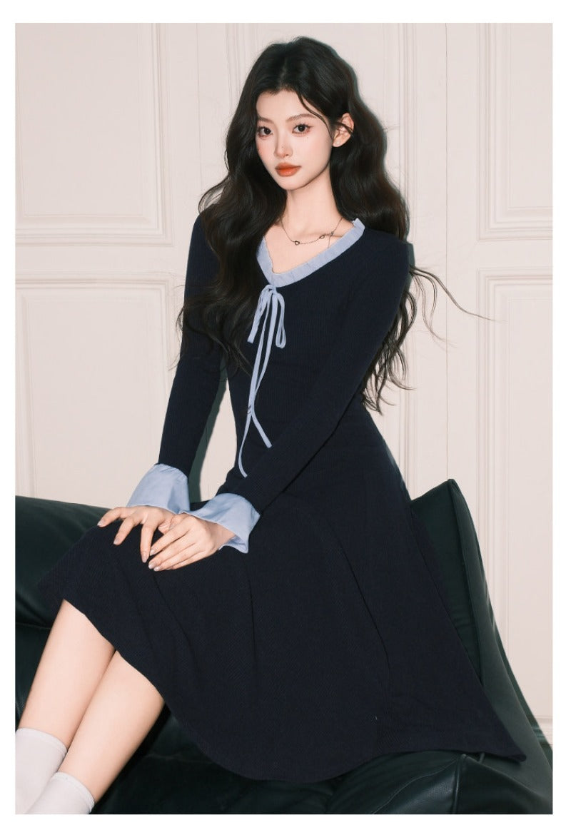 Navy Ribbon V Neck Bell Sleeve A-Line Dress