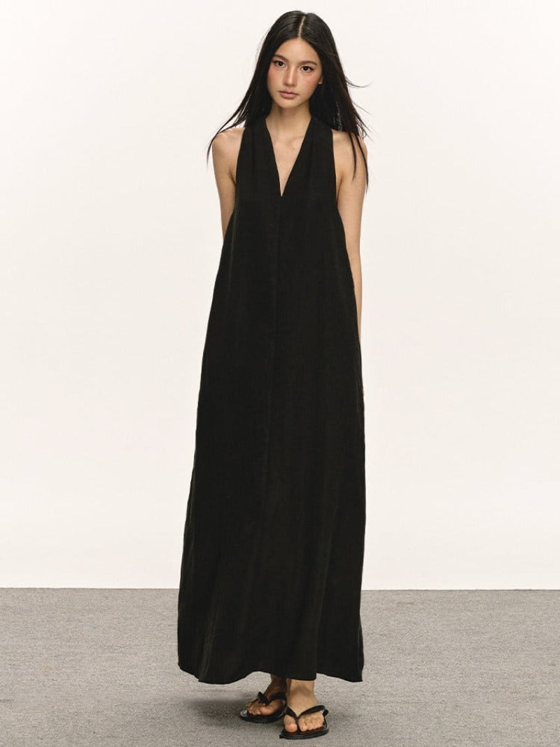 Lyocell Linen V Neck Sleeveless A-Line Maxi Dress