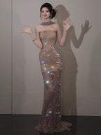 Champagne Mesh Sequin Appliqué Strapless Mermaid Maxi Dress