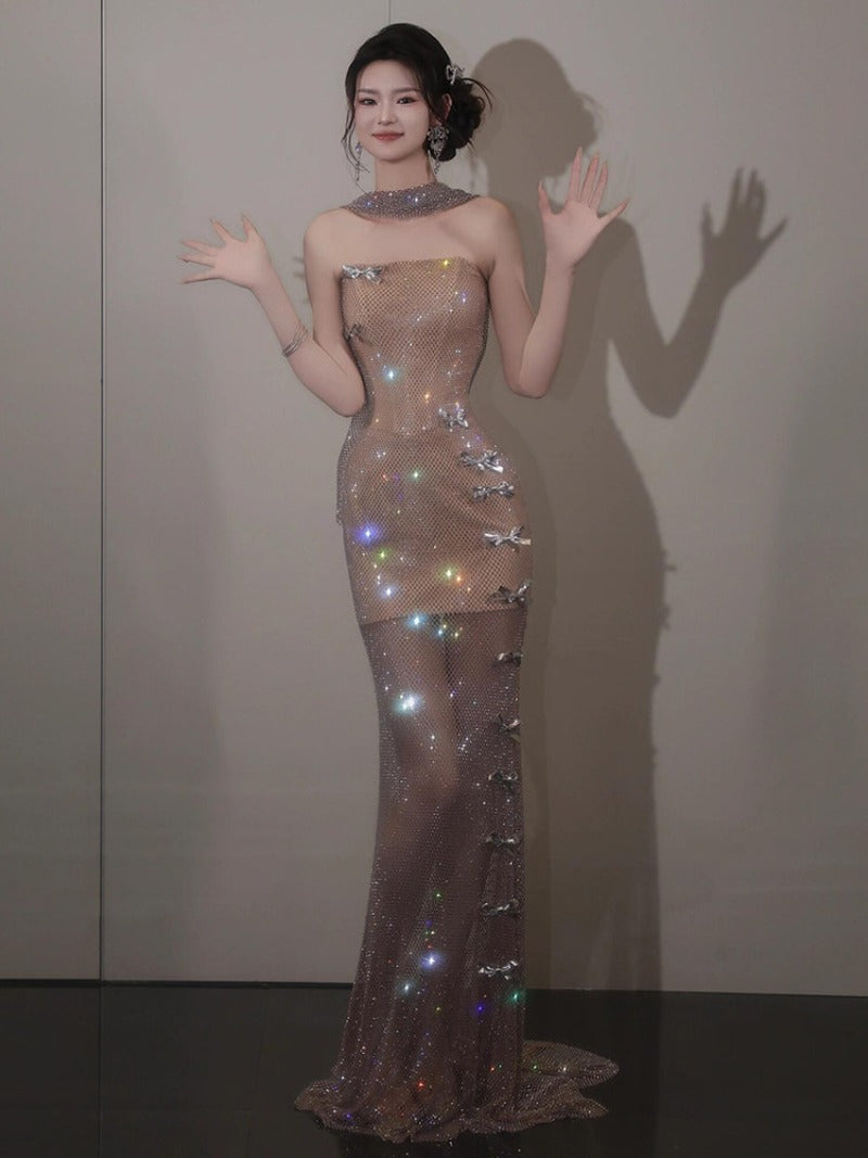 Champagne Mesh Sequin Appliqué Strapless Mermaid Maxi Dress
