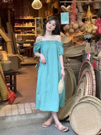Turquoise Off-Shoulder Pleated Shift Maxi Dress
