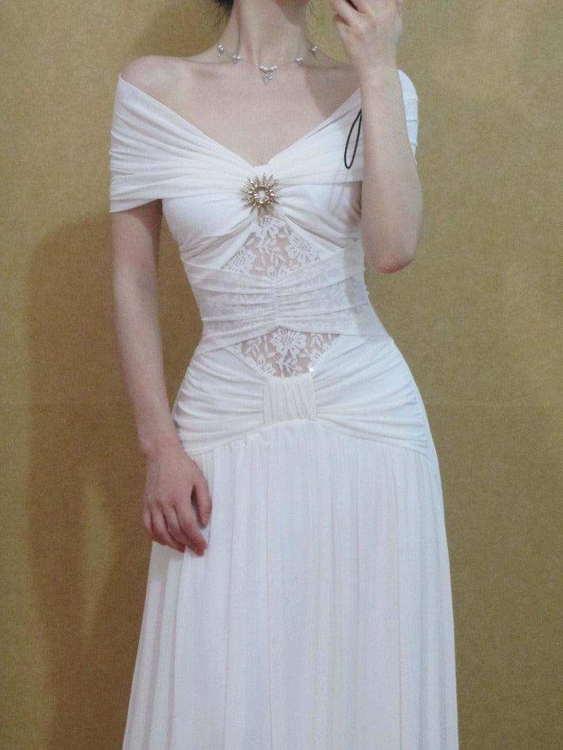 White Off Shoulder Ruched Mesh Panel A-Line Maxi Dress