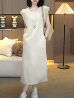 Ivory Lace Trim Flutter Sleeve Shift Midi Dress