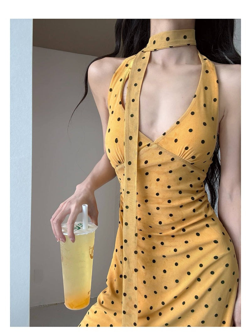 Polka Dot Halter V Neck Bodycon Mini Dress