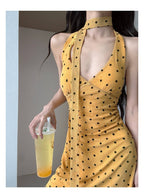 Polka Dot Halter V Neck Bodycon Mini Dress