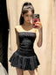 Black Strapless Ruched Ruffle Hem A-Line Mini Dress