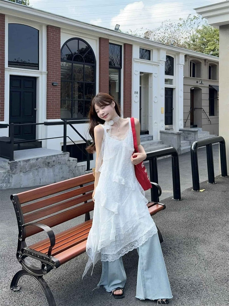 Romantic White Lace Tiered Asymmetric Midi Dress