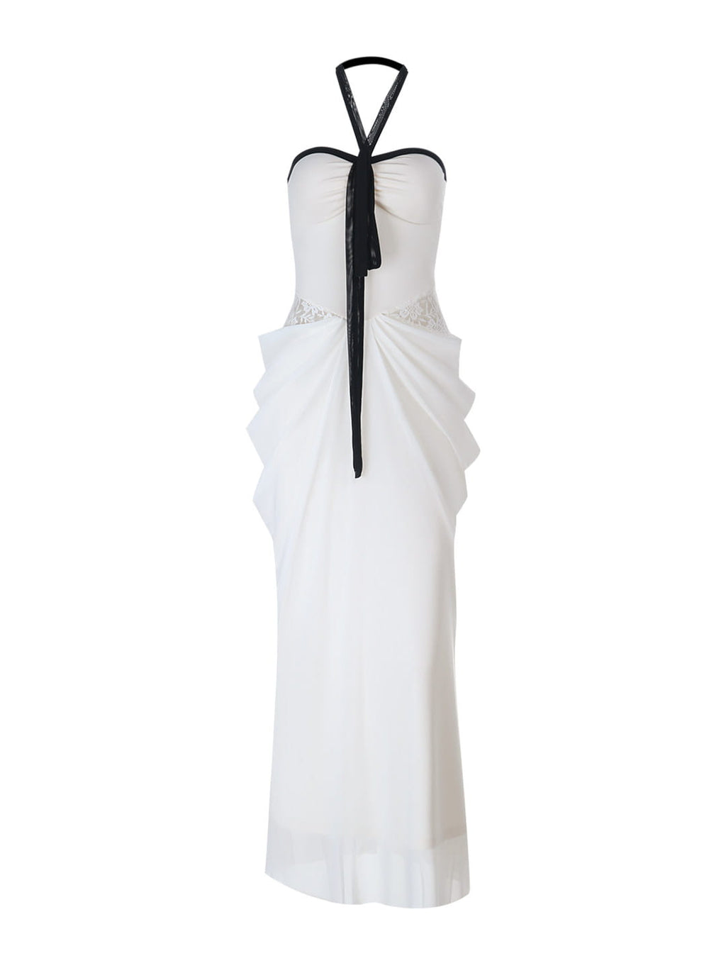 White Contrast Halter Lace-Inset Maxi Dress