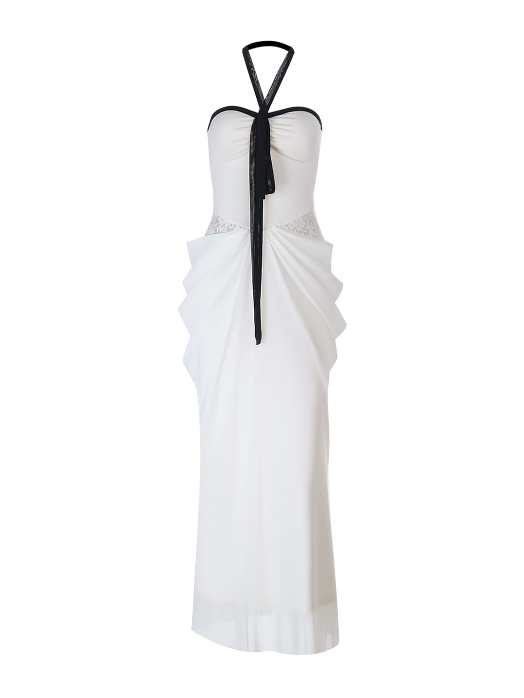 White Contrast Halter Lace-Inset Maxi Dress