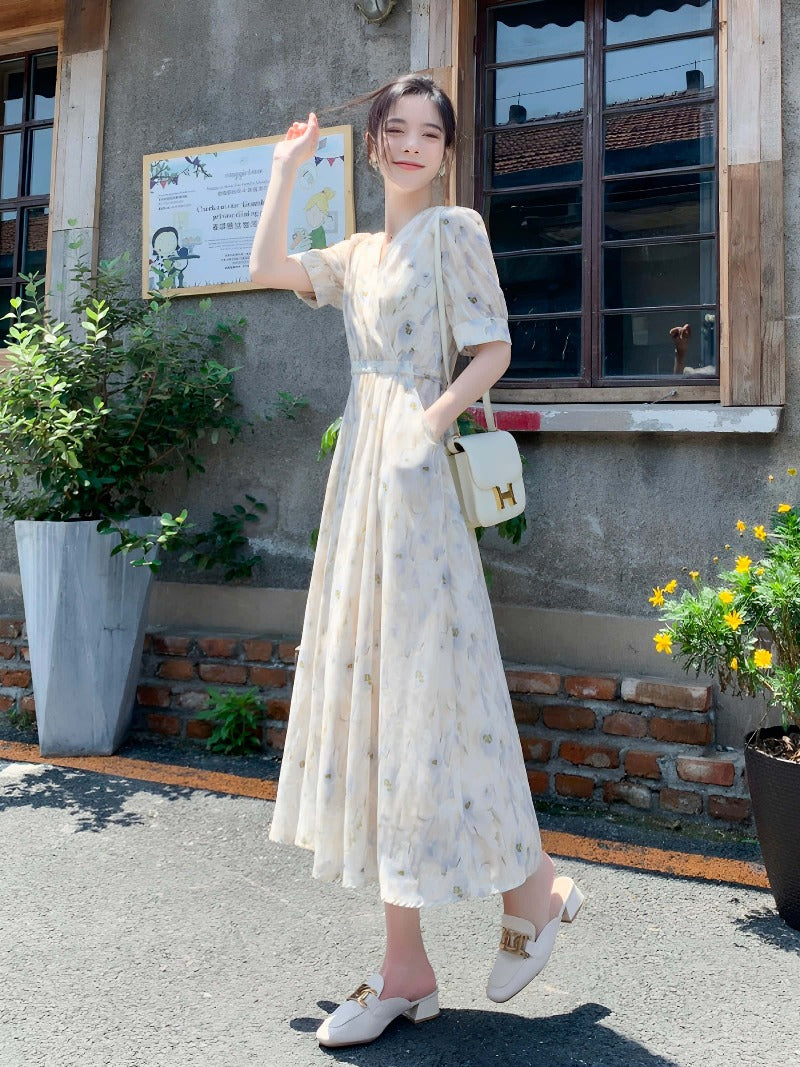 Soft Floral V-Neck Puff Sleeve A-Line Maxi Dress