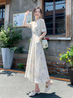 Soft Floral V-Neck Puff Sleeve A-Line Maxi Dress