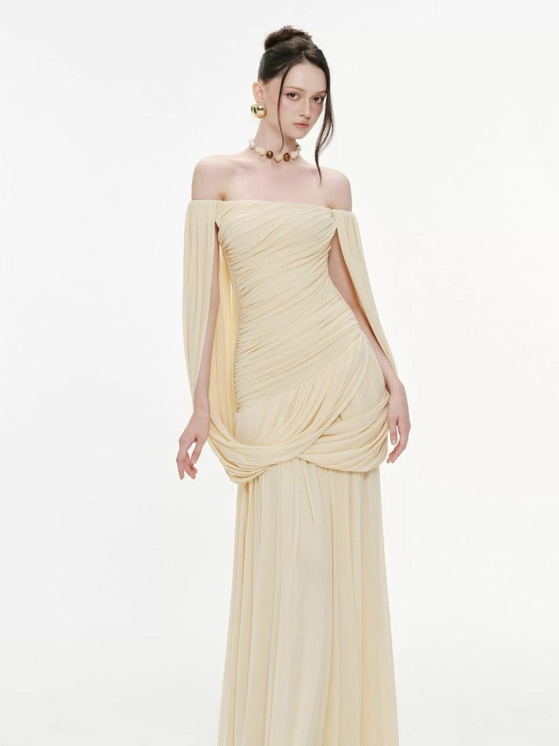 Sculpted Drape Off Shoulder Cape Maxi Dress