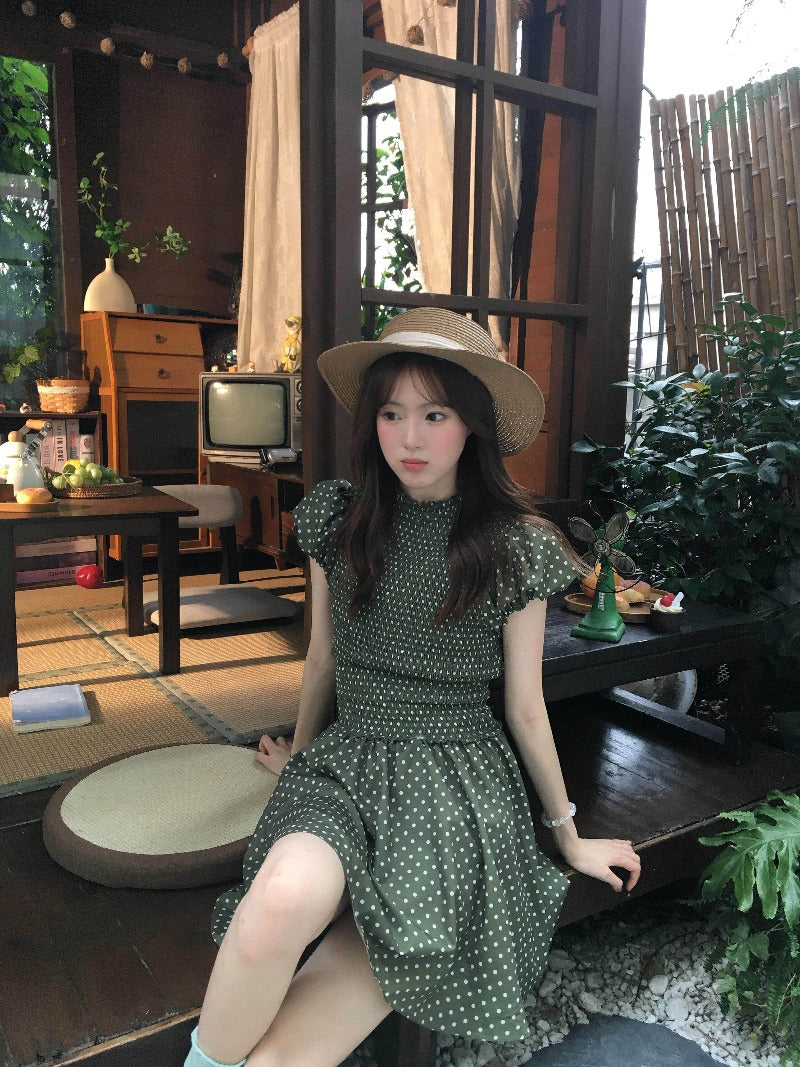 Green Polka Dot Puff Sleeve Smocked A-Line Mini Dress