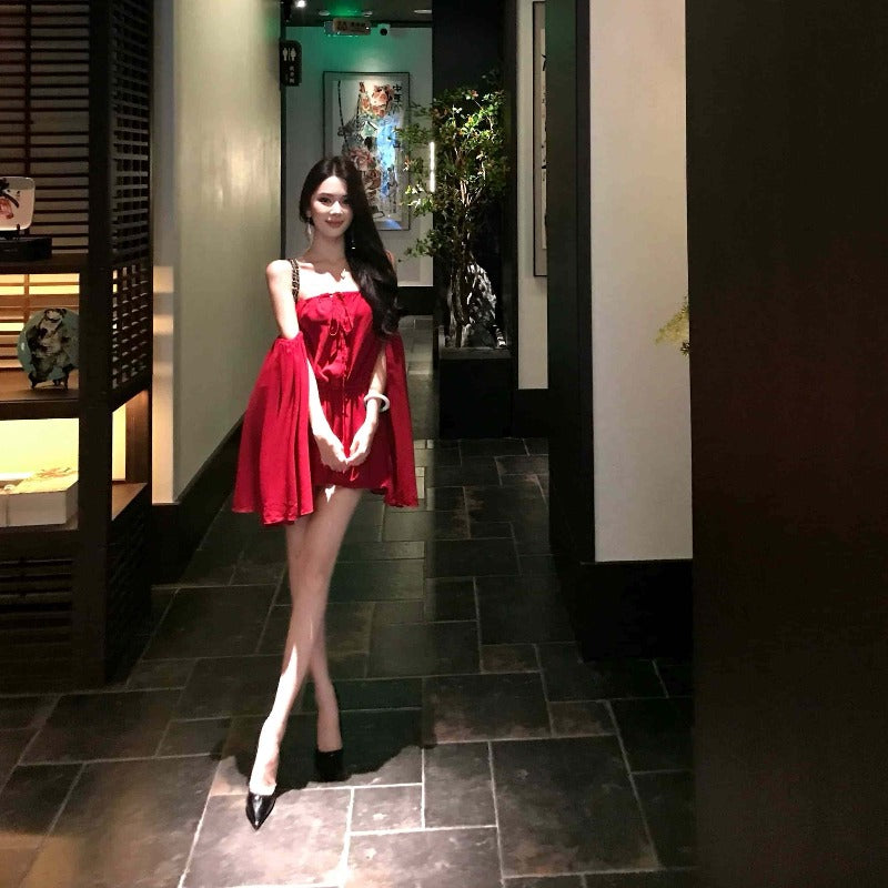Red Off-Shoulder Draped Chiffon Mini Dress