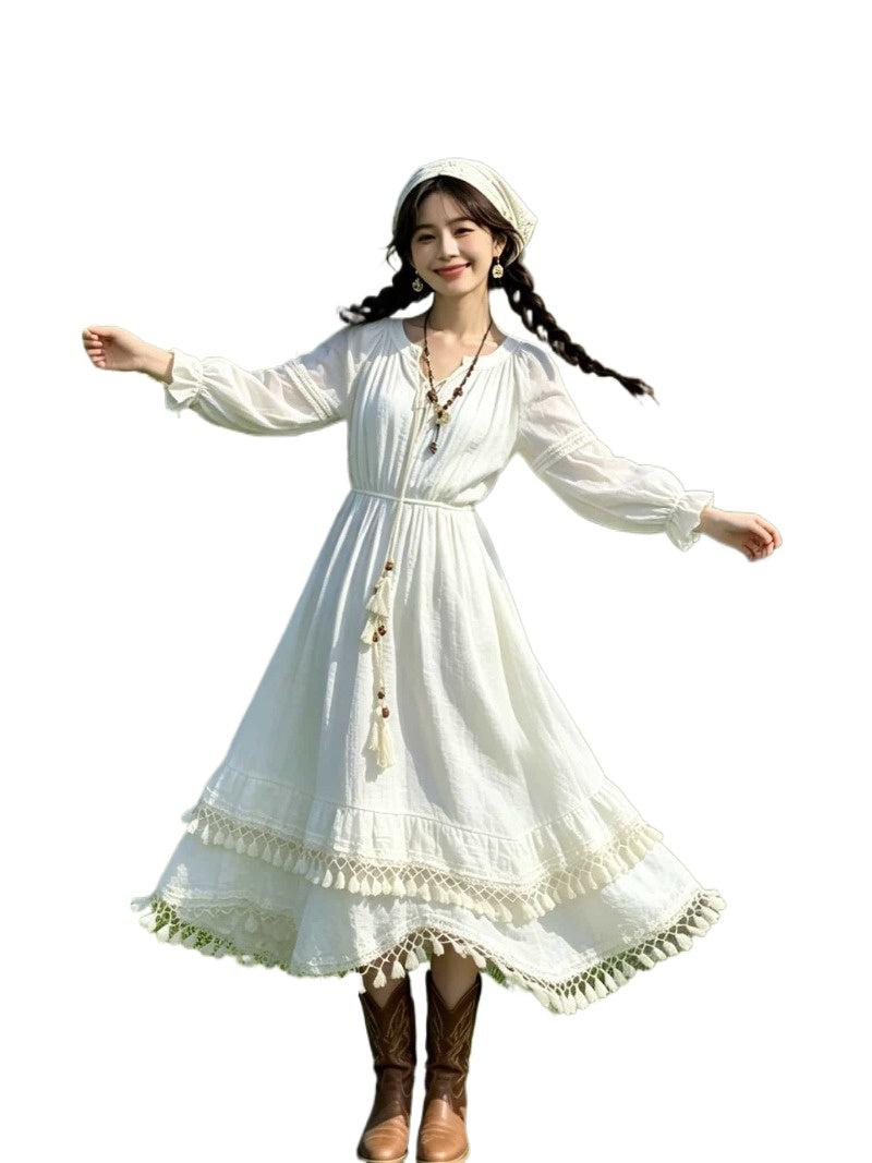Ivory V Neck Tassel Trim Long Sleeve A-Line Midi Dress